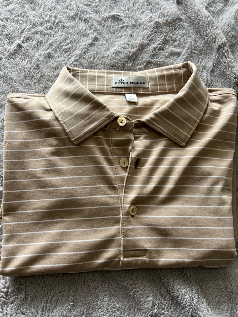 Peter Millar Tan and White Striped Polo